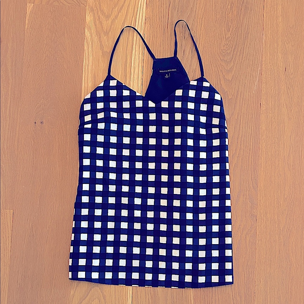 Navy and white checkered silky cami top